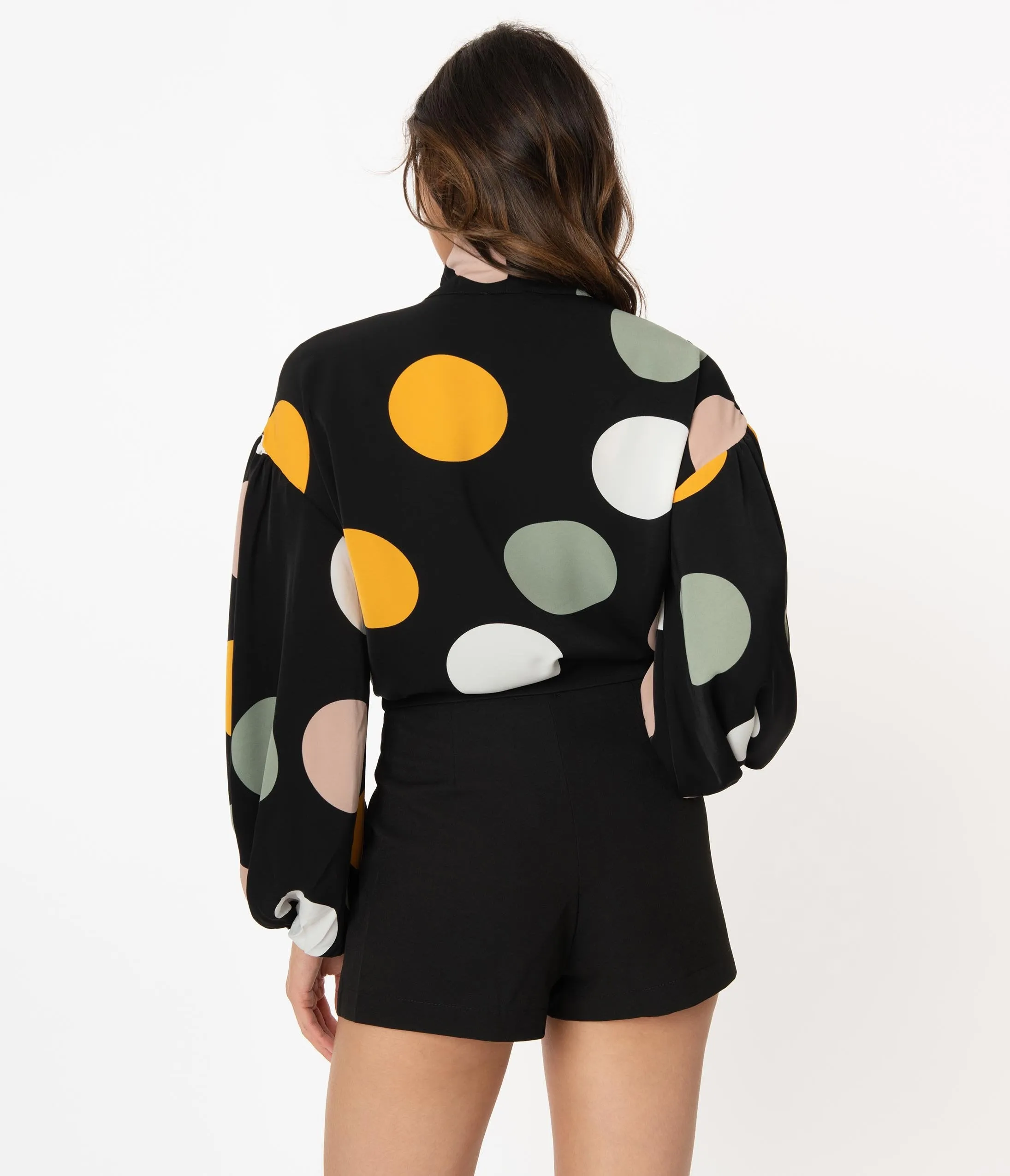 1960s Style Black & Multicolor Large Dot Blouse