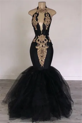 2024 Sexy Prom Dresses, Black Mermaid Tulle With Gold Appliques V Neck Backless