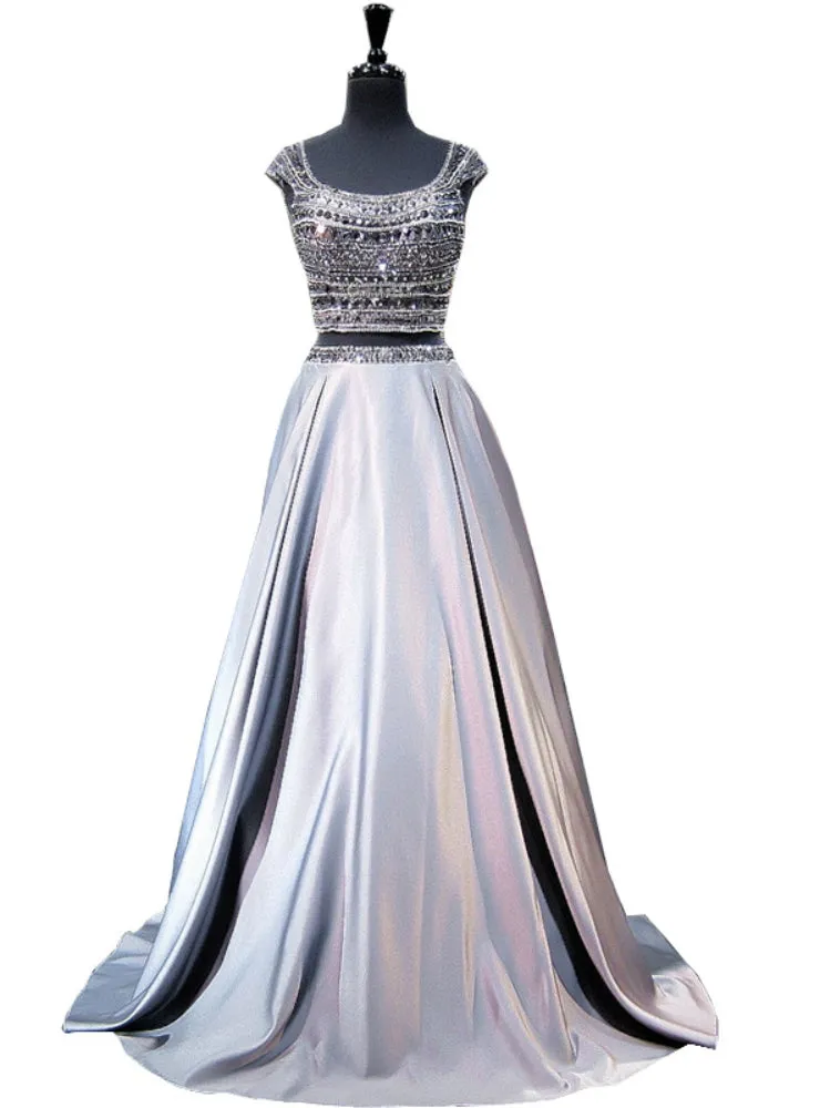 A-line Cap Sleeve Beaded Crystals Grey Backless Two Piece Prom Dresses