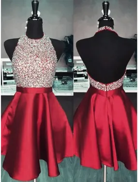 A-Line Homecoming Dresses Sparkle & Shine Dress Party Wear Short / Mini Sleeveless Halter Satin Backless with Pleats Sequin