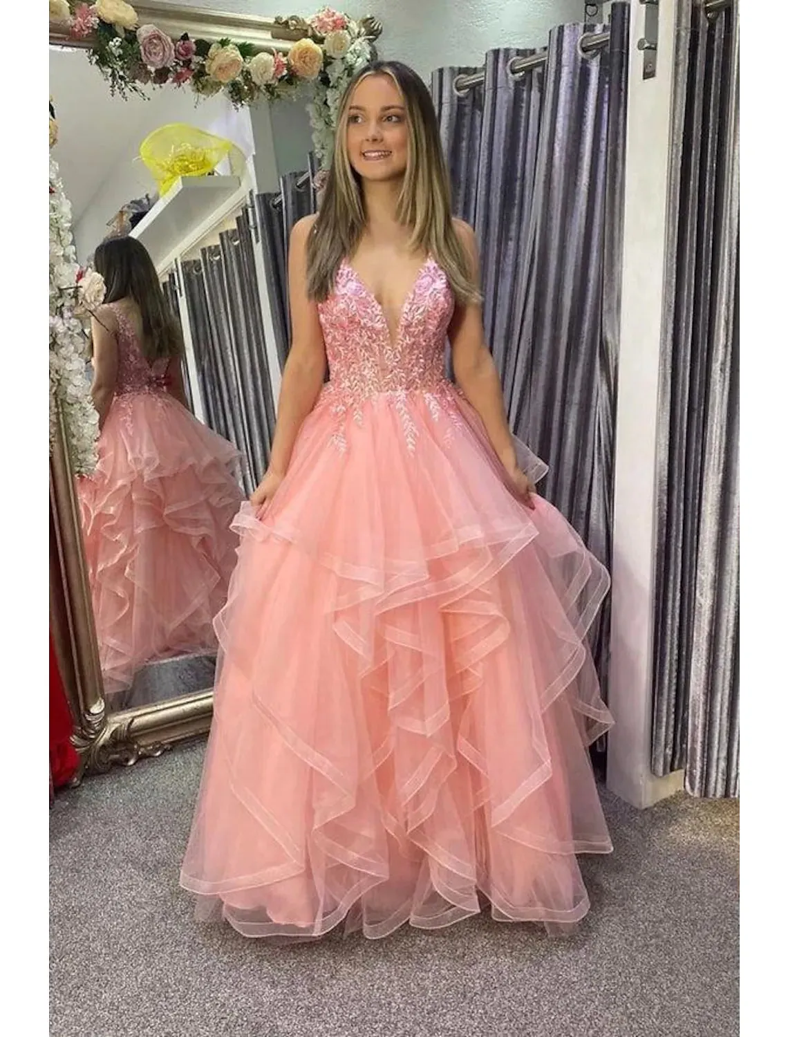 A-Line Prom Dresses Princess Dress Formal Floor Length Sleeveless V Neck Tulle Backless with Pleats Appliques