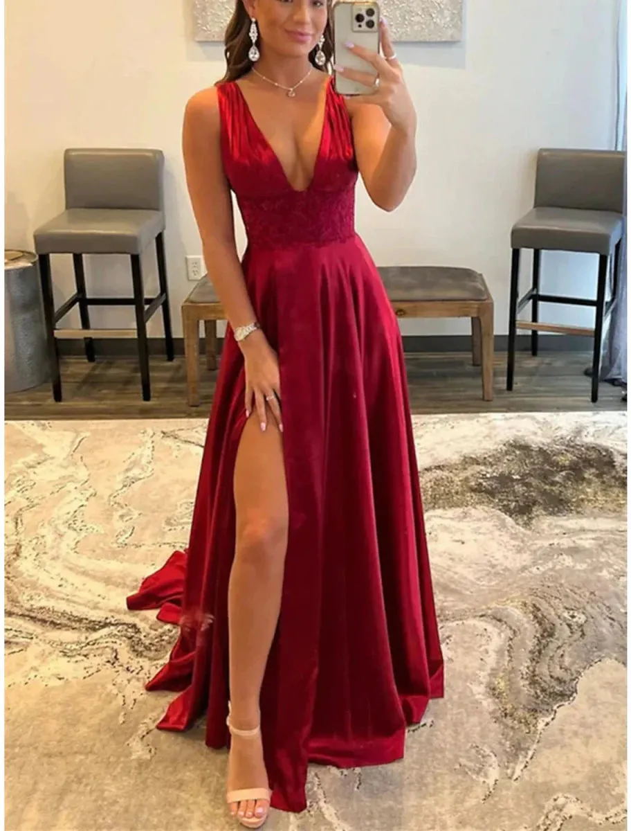 A-Line Prom Dresses Vintage Dress Formal Wedding Party Court Train Sleeveless Scoop Neck Lace Backless with Slit