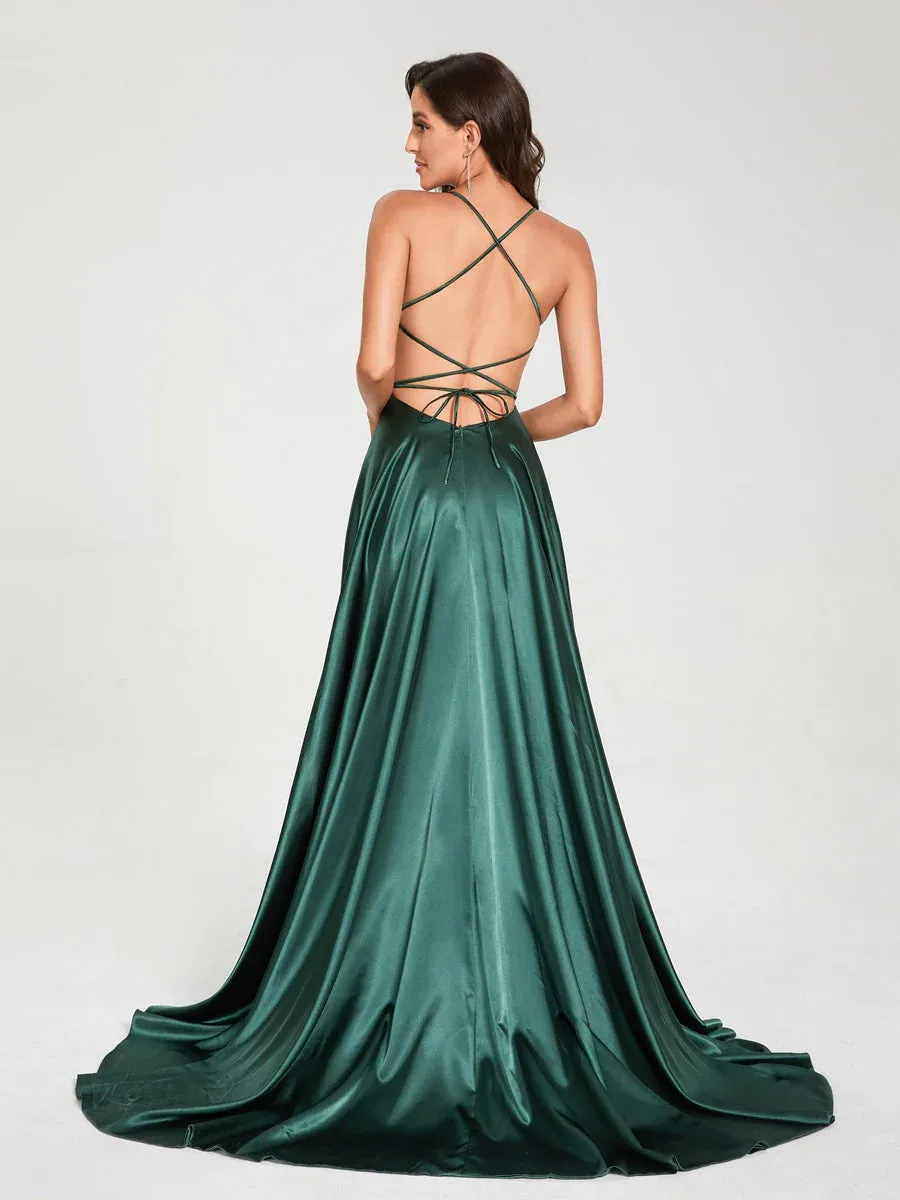 A-Line/Princess Spaghetti Straps Sleeveless Floor-Length Split Side Backless Bridesmaid Dresses