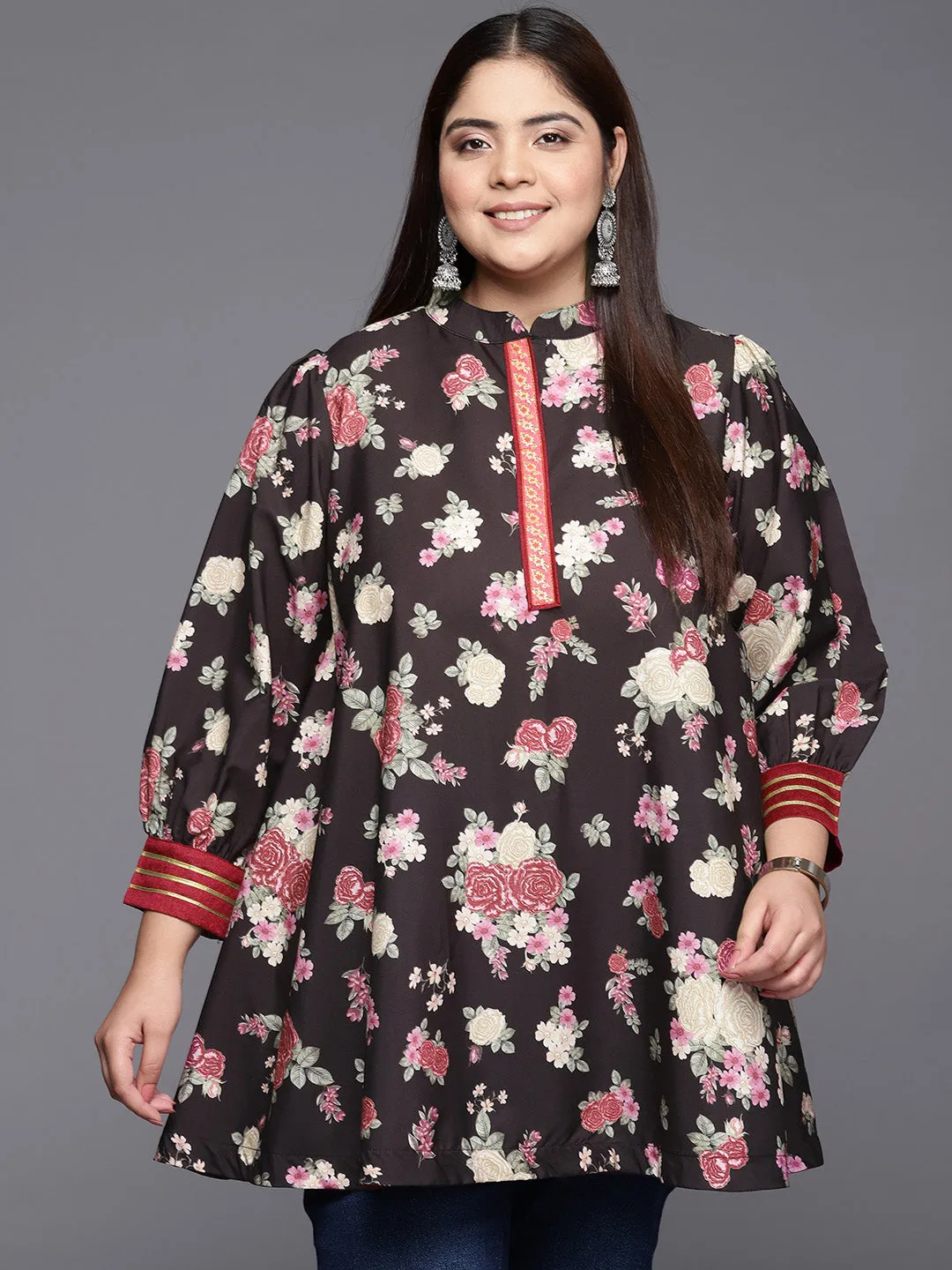 A PLUS BY AHALYAA Mandarin Collar Crepe Floral Printed Tunic