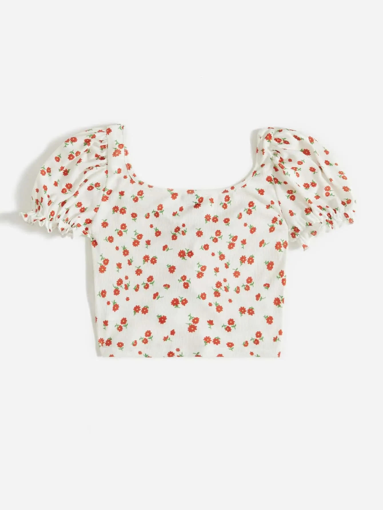 Aahwan Printed White Puff Sleeve Tie Front Ditsy Floral Top for Women's & Girls' (234-White-M)