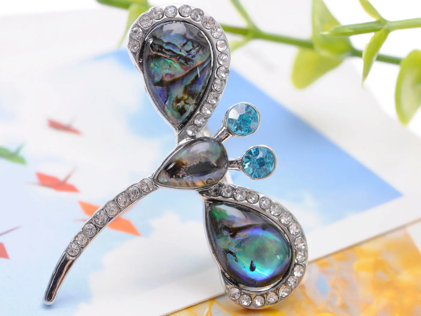 Abalone Colored Enamel Firefly Dragonfly Statement Ring