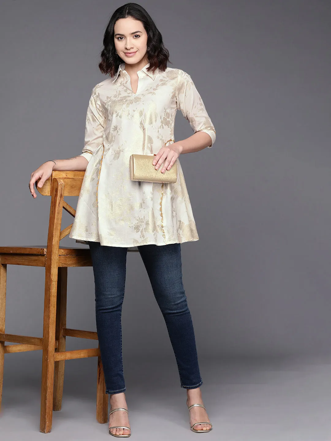 Ahalyaa Floral Printed Shirt Collar Cotton Tunic With Lace Inserts Detail