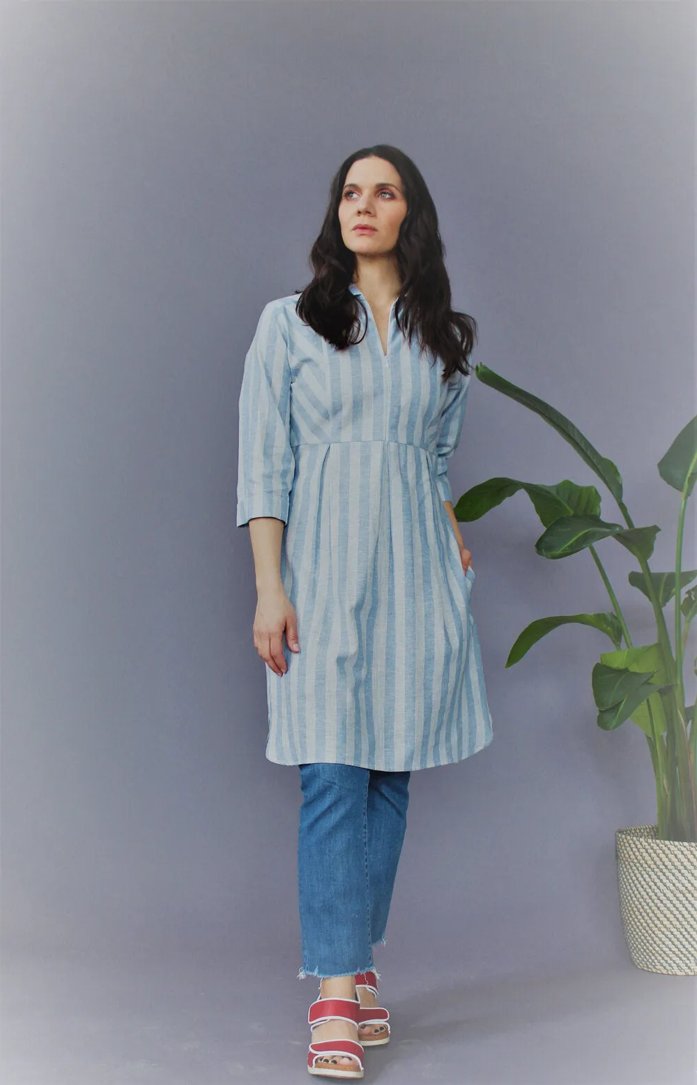 Amelie Linen & Cotton Shirt Dress with Indigo Dyed Vintage Doily Upper Size L #AME3