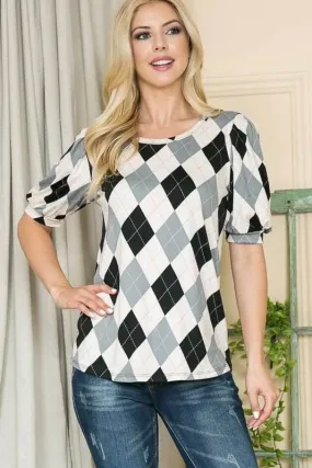 Argyle Print Puff Sleeve Knit Jersey Top