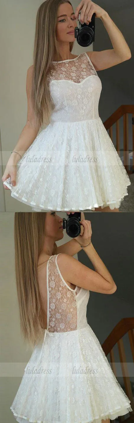 Backless Short White Lace Homecoming Dresses