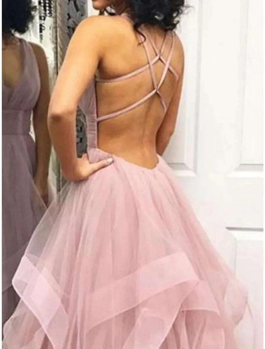 Ball Gown Prom Dresses Tiered Plisse Dress Wedding Guest Quinceanera Floor Length Sleeveless V Neck Organza Backless with Criss Cross Ruffles