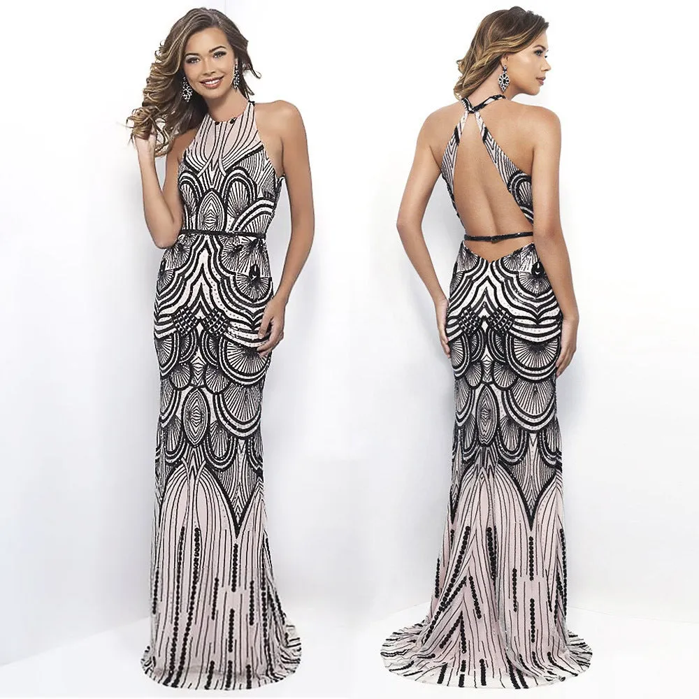 Bear Shoulder Sequins Backless Long Party Dress