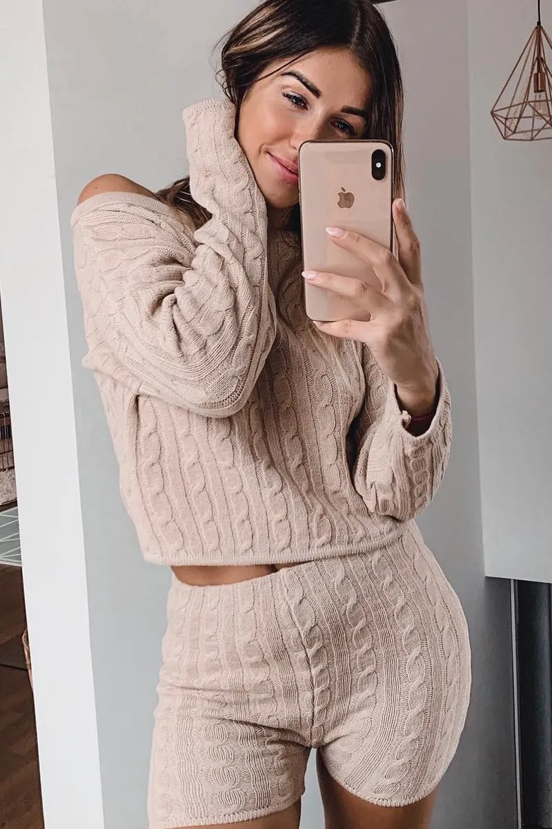 Beige Cable Knit Loungewear Set - Karlie