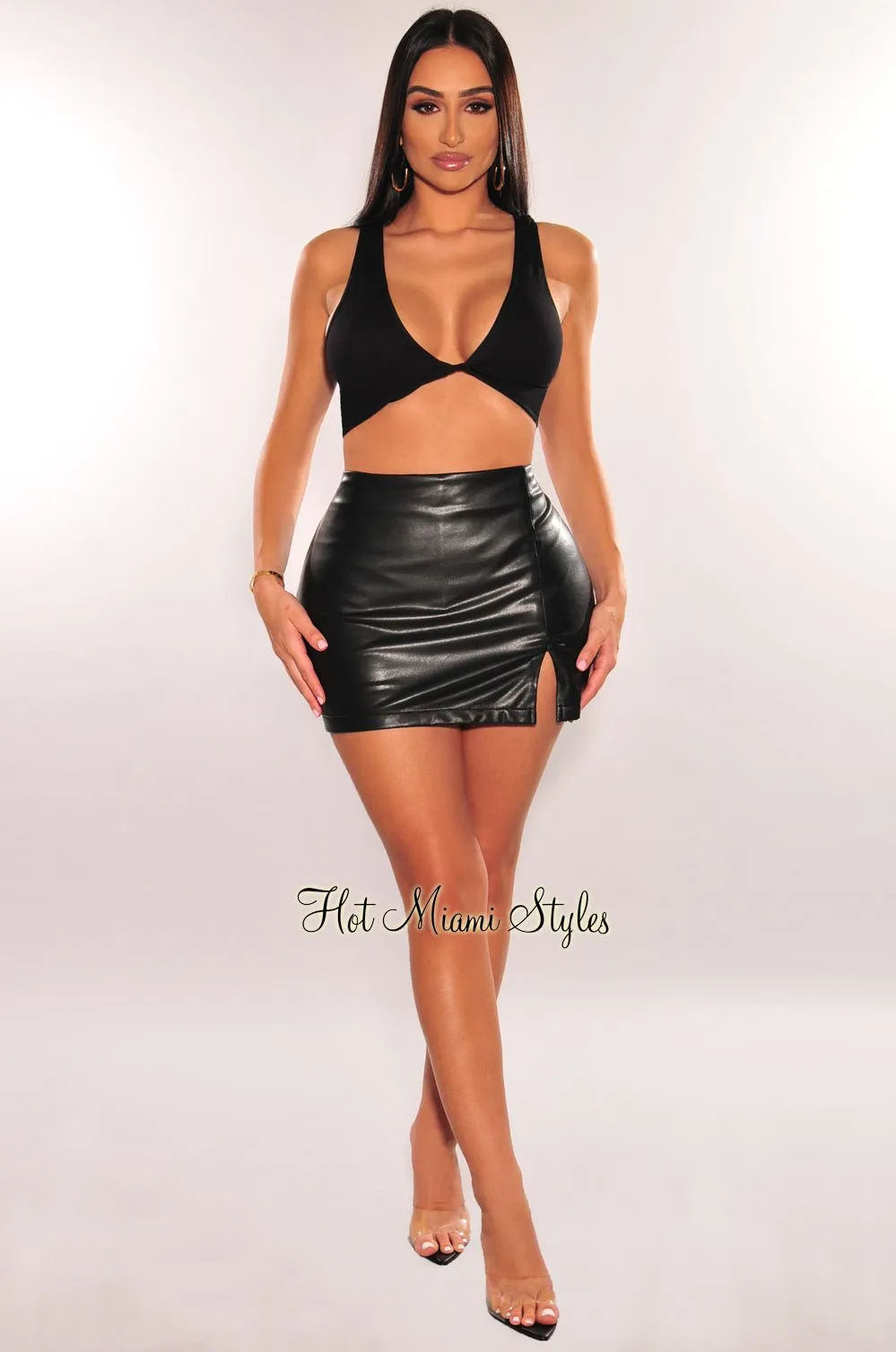 Black Faux Leather Slit Mini Skort