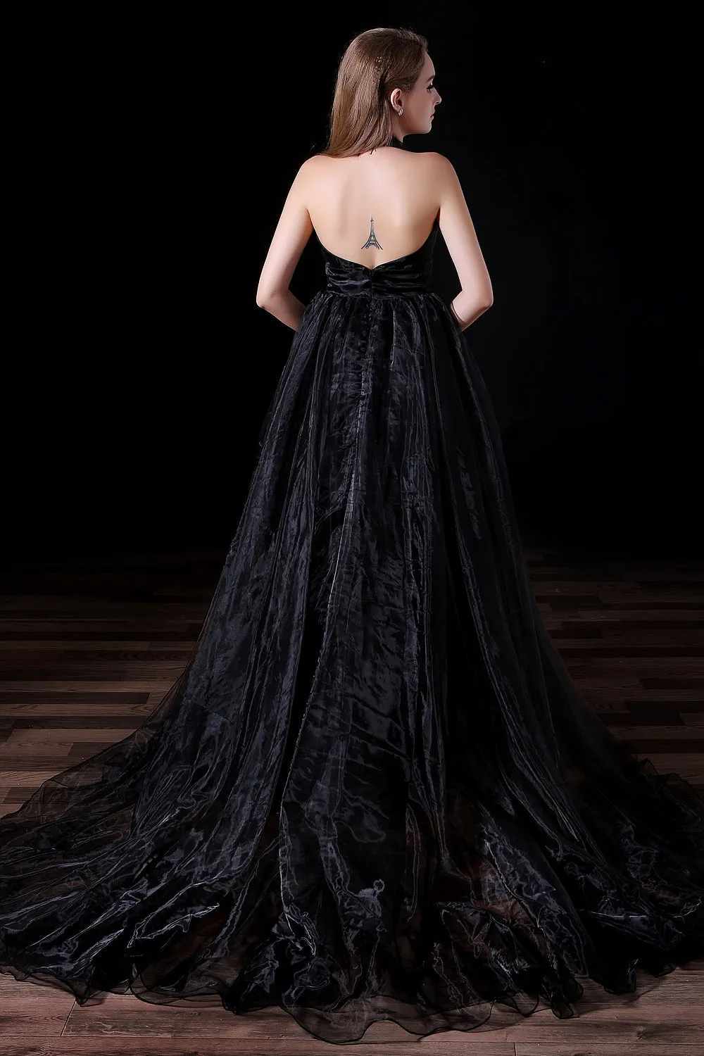 Black Halter Deep V neck Backless Tulle Floro Length Prom Dresses