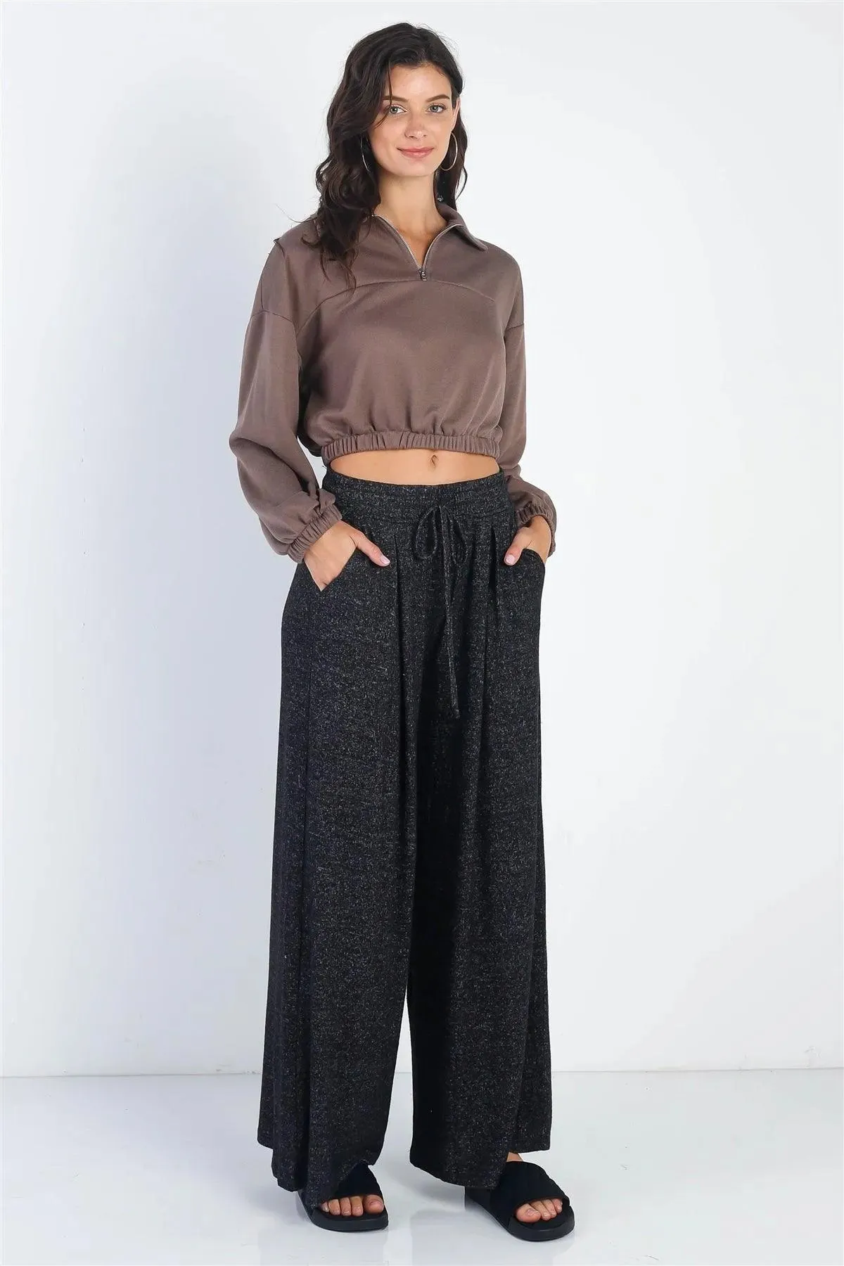 Black Knit Wide Leg High-Waist Pants /1-2-2-1