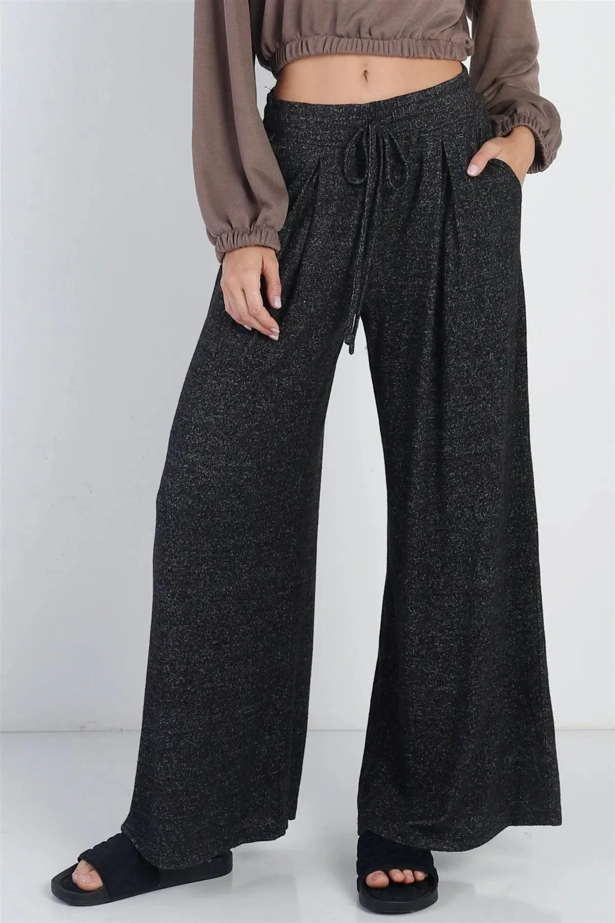 Black Knit Wide Leg High-Waist Pants /1-2-2-1