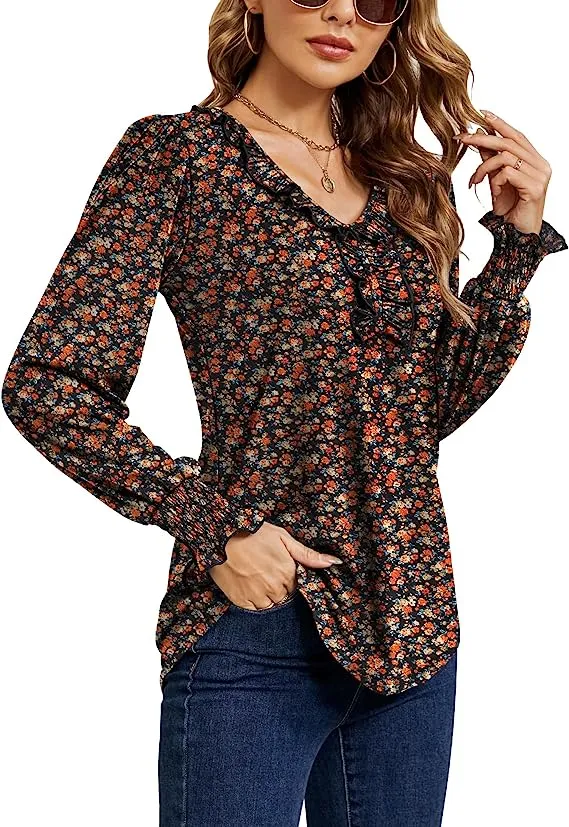 Black Orange Floral Casual V Neck T Shirts Loose Summer Tops Ruffle - Ivicoer