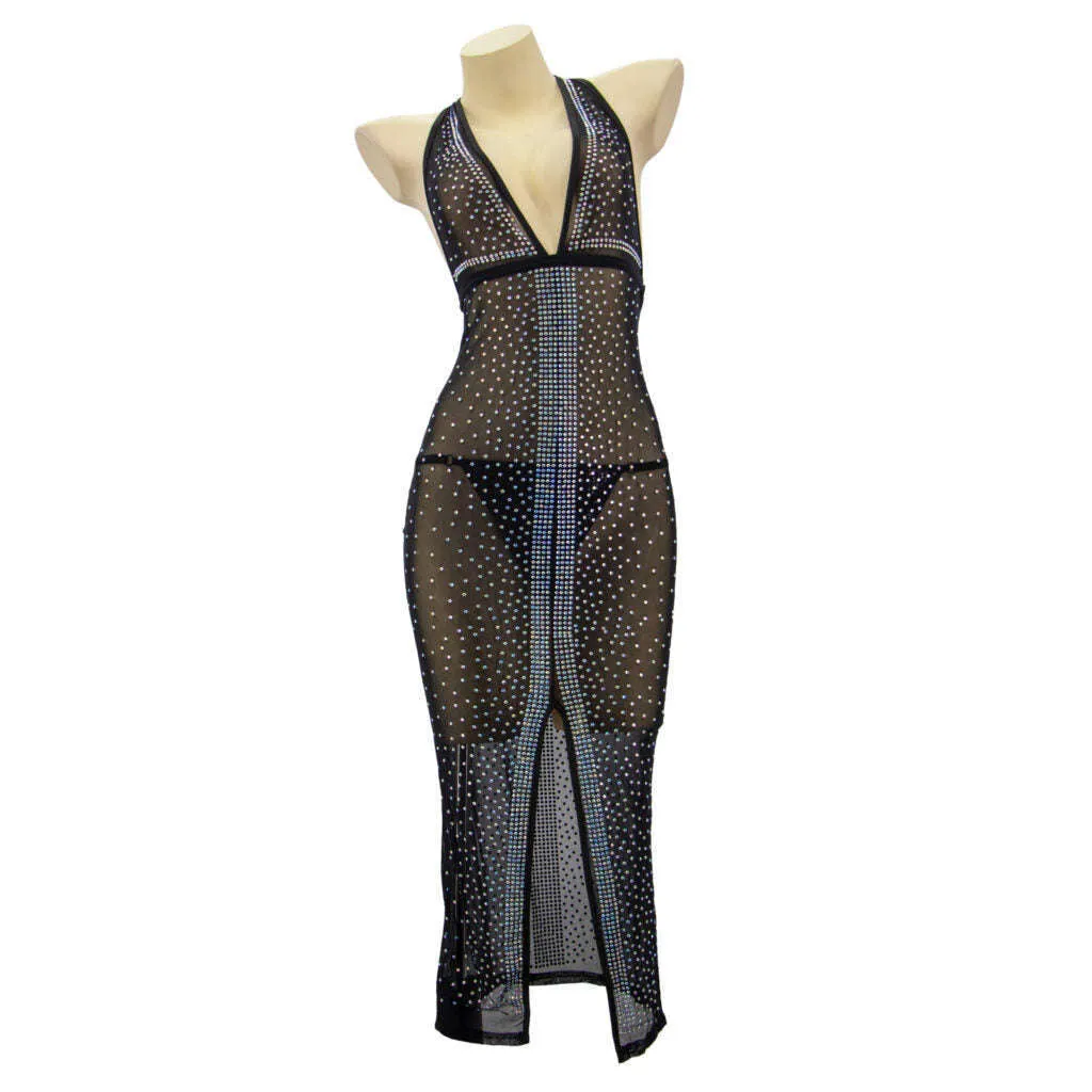 Black/Silver Long Rhinestone Mesh Backless Dress