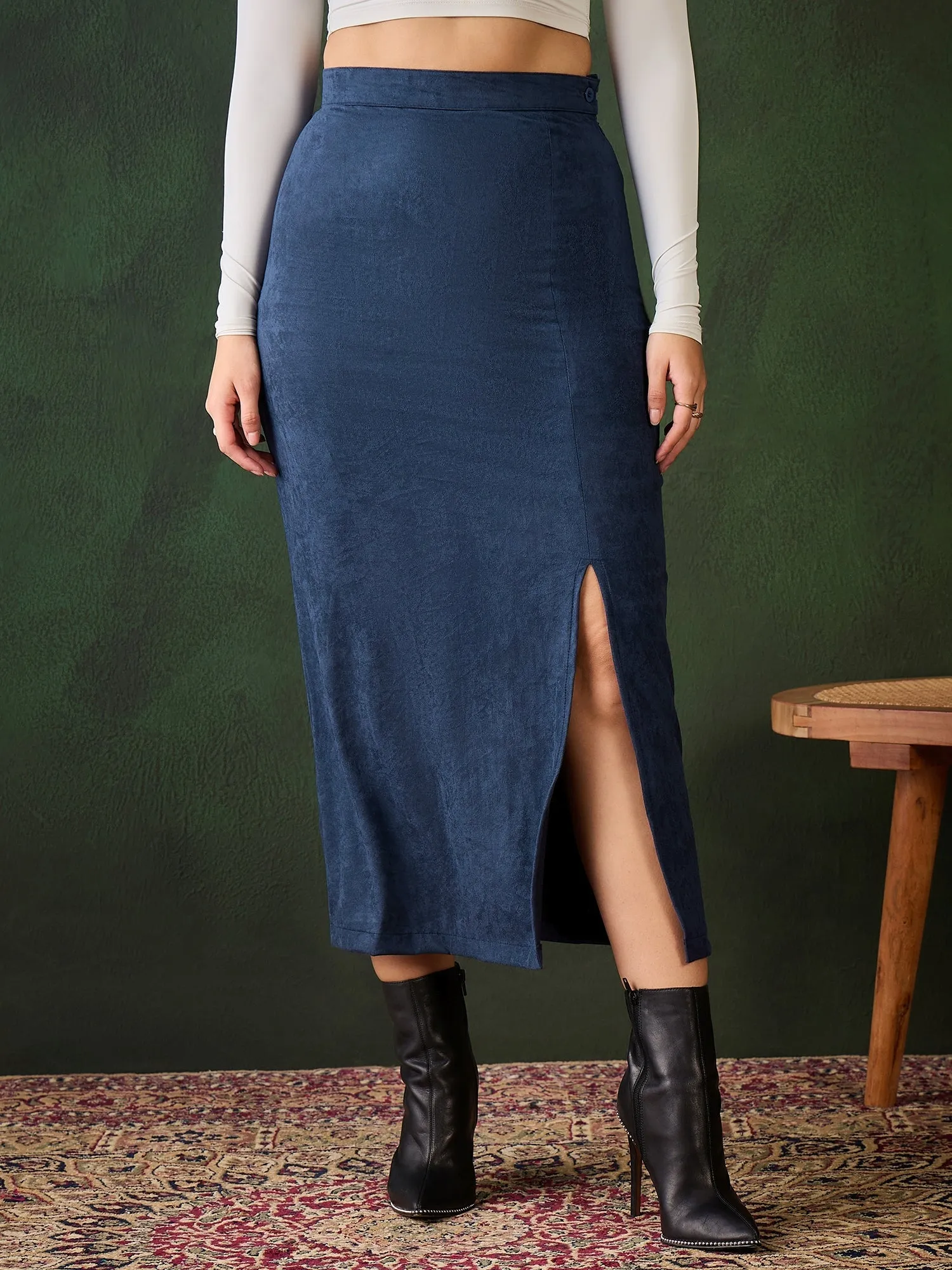 Blue Cotton Suede Lycra Skirt With Side Slit