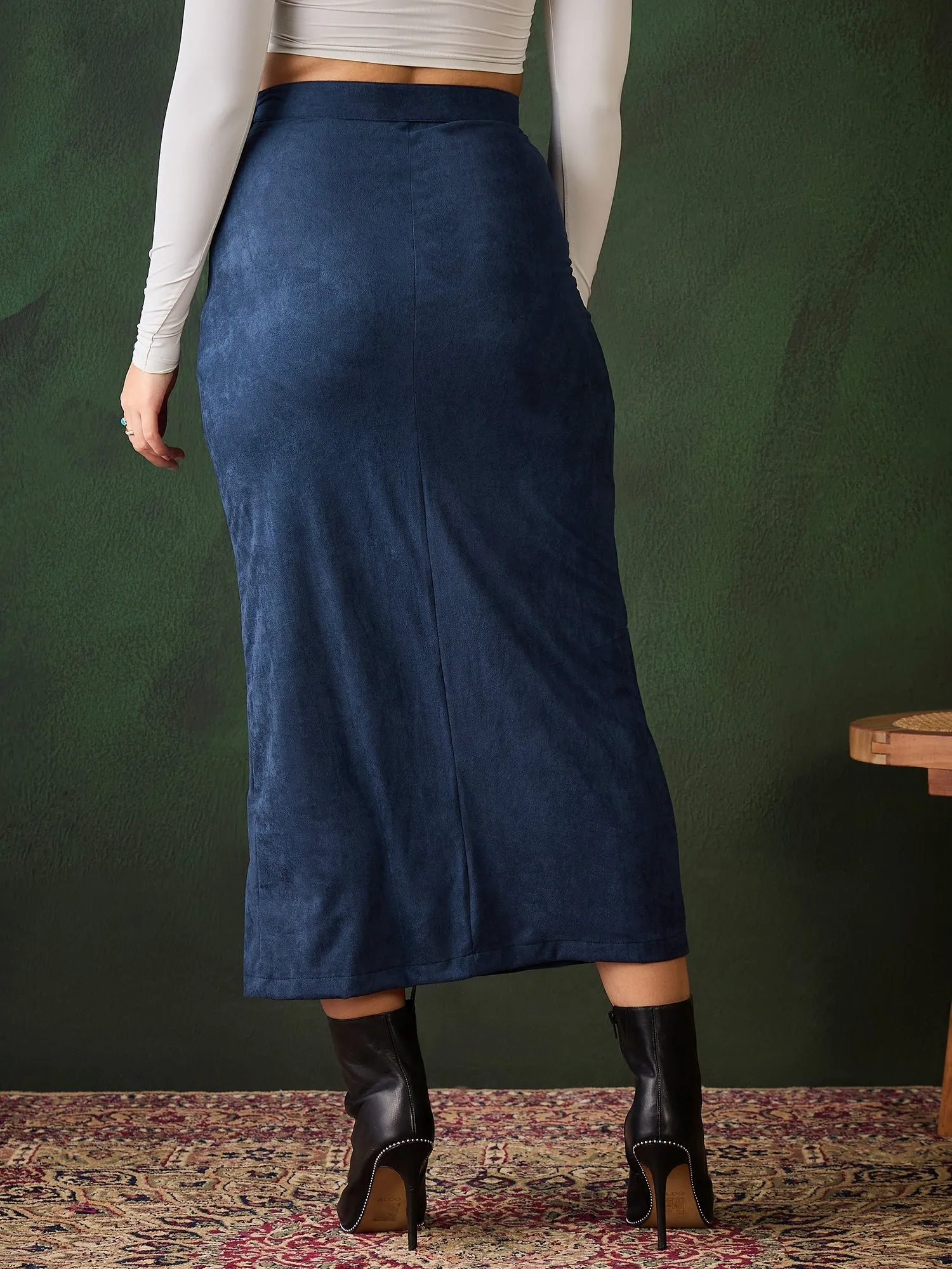 Blue Cotton Suede Lycra Skirt With Side Slit