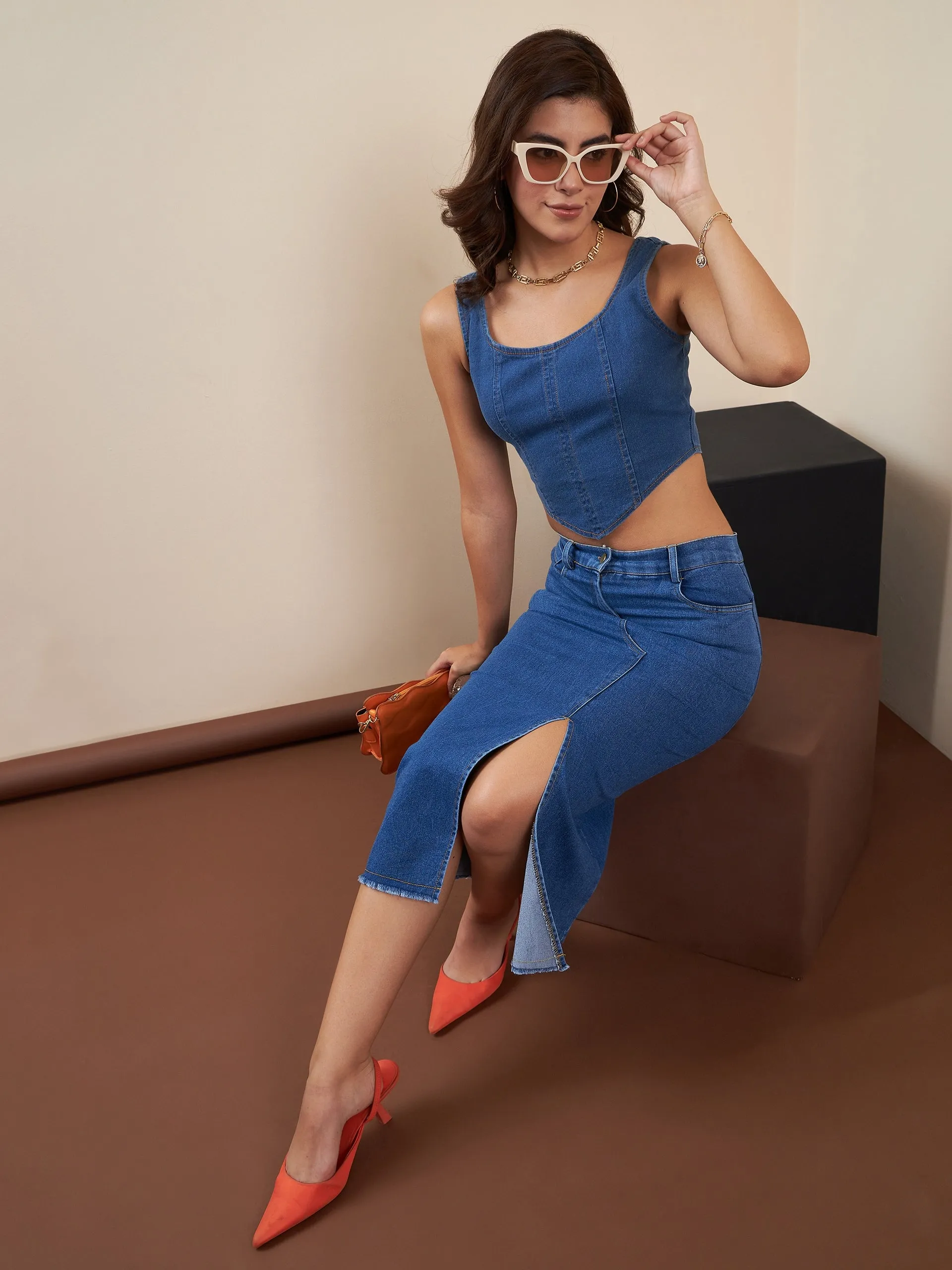 Blue Denim Lycra Skirt With Side Slit