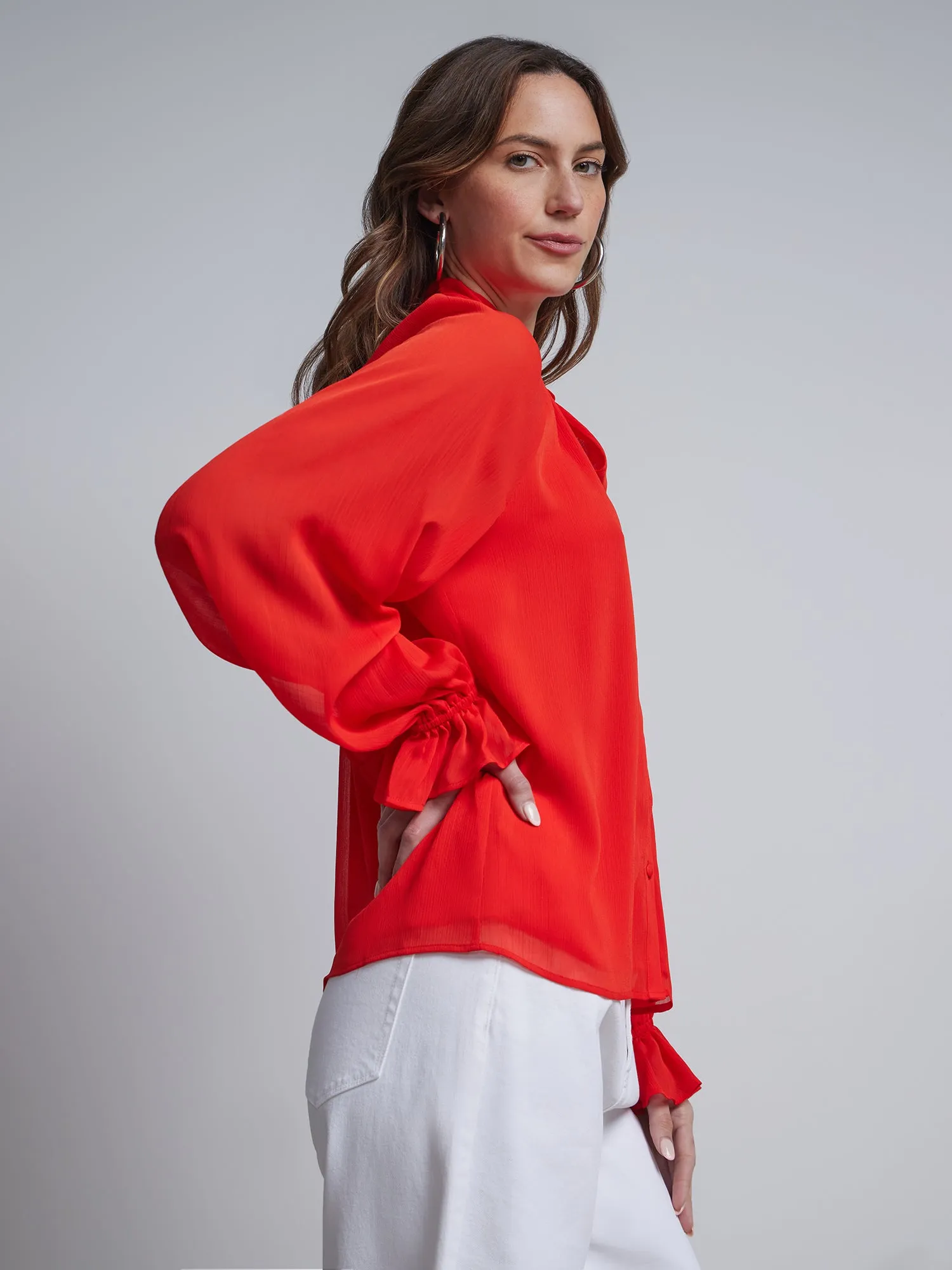 Bow-Neck Balloon-Sleeve Blouse