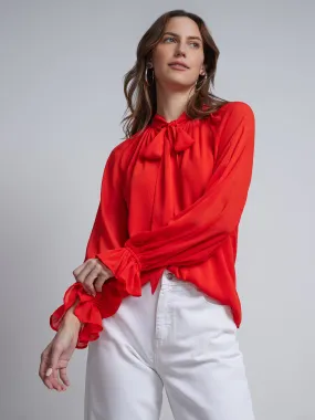 Bow-Neck Balloon-Sleeve Blouse