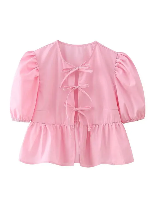 Bow-tiful Women's Open Ties Blouse with Puff Sleeves