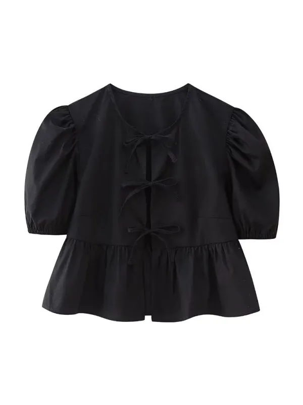 Bow-tiful Women's Open Ties Blouse with Puff Sleeves