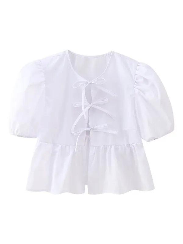 Bow-tiful Women's Open Ties Blouse with Puff Sleeves