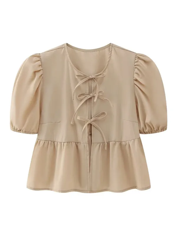 Bow-tiful Women's Open Ties Blouse with Puff Sleeves