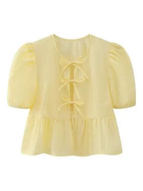 Bow-tiful Women's Open Ties Blouse with Puff Sleeves