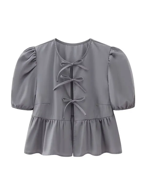 Bow-tiful Women's Open Ties Blouse with Puff Sleeves