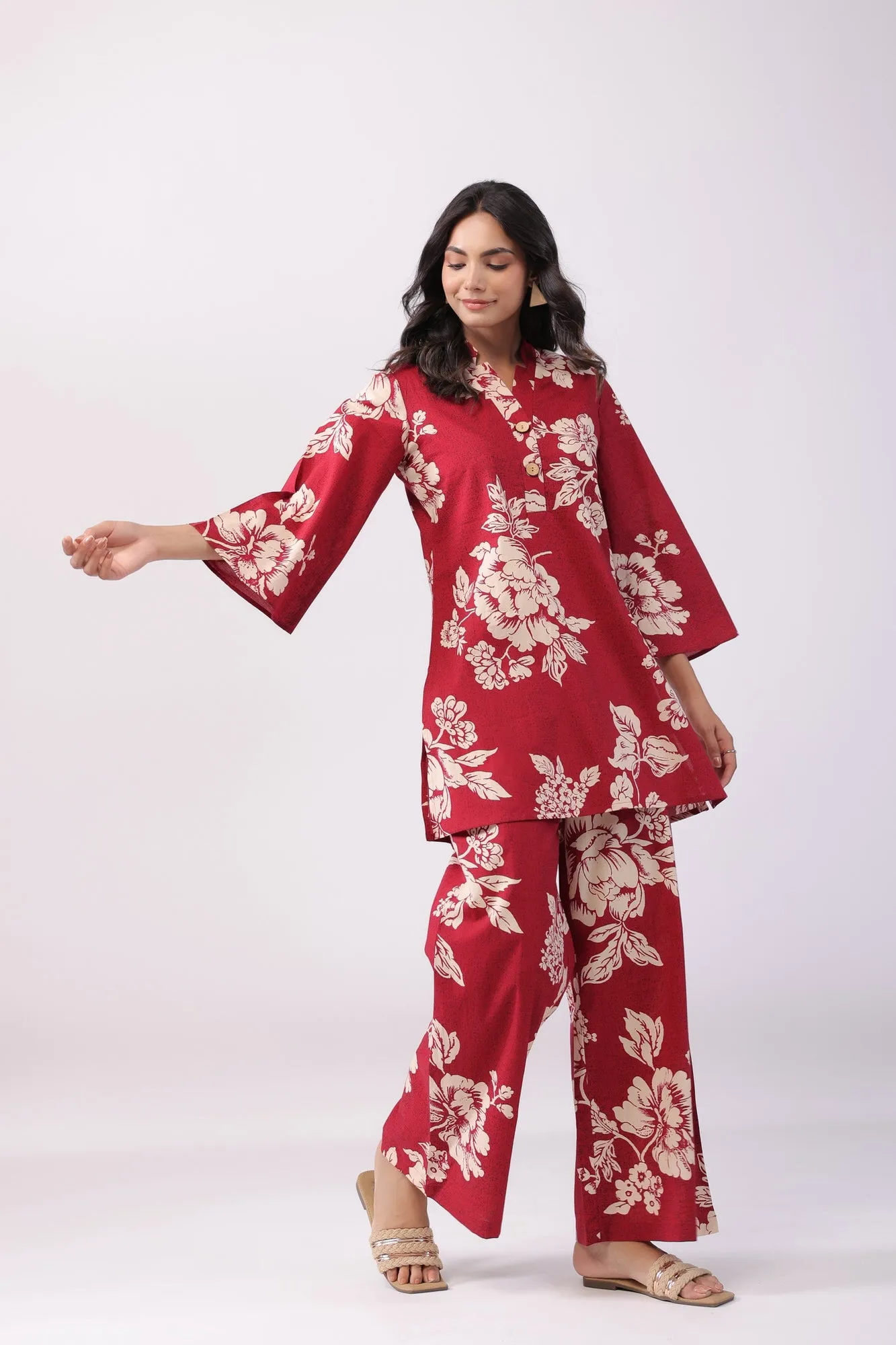 Bright Blossoming Maroon Cotton Palazzo Loungewear Set