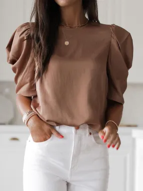 Brown Keyhole Back Puff Sleeve Elegant Crew Neck Blouse