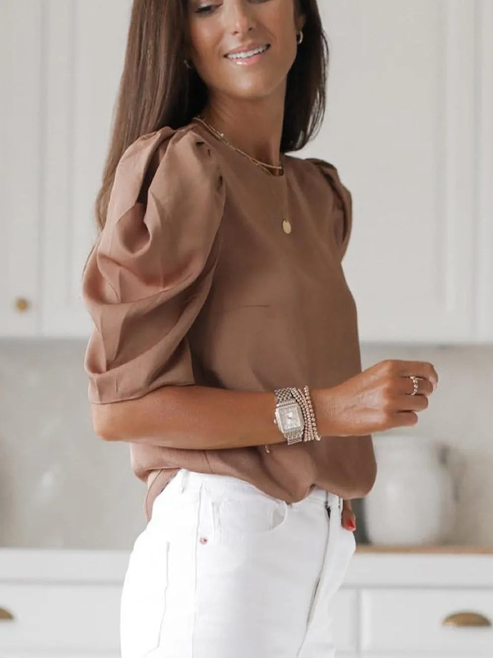 Brown Keyhole Back Puff Sleeve Elegant Crew Neck Blouse