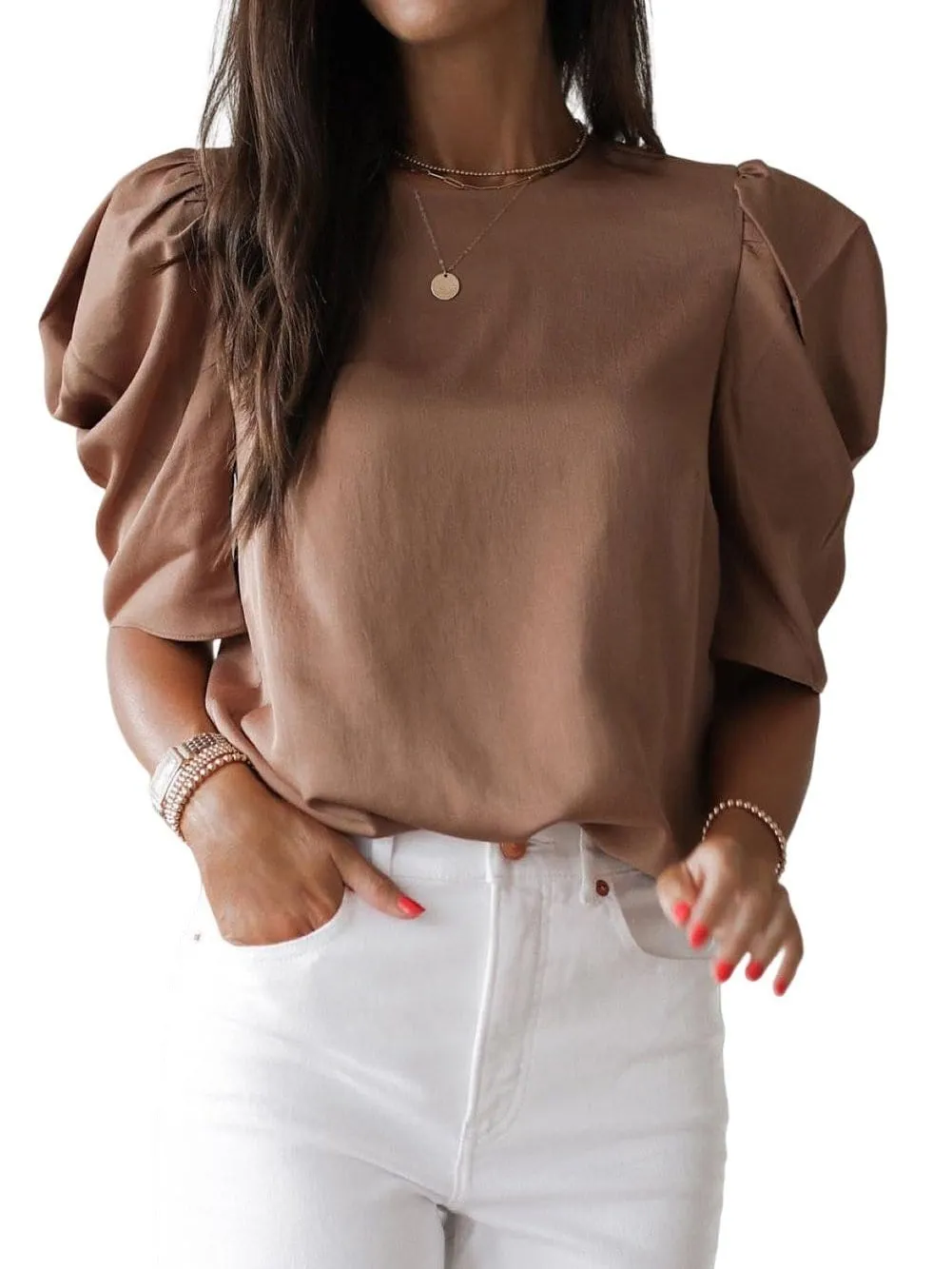 Brown Keyhole Back Puff Sleeve Elegant Crew Neck Blouse