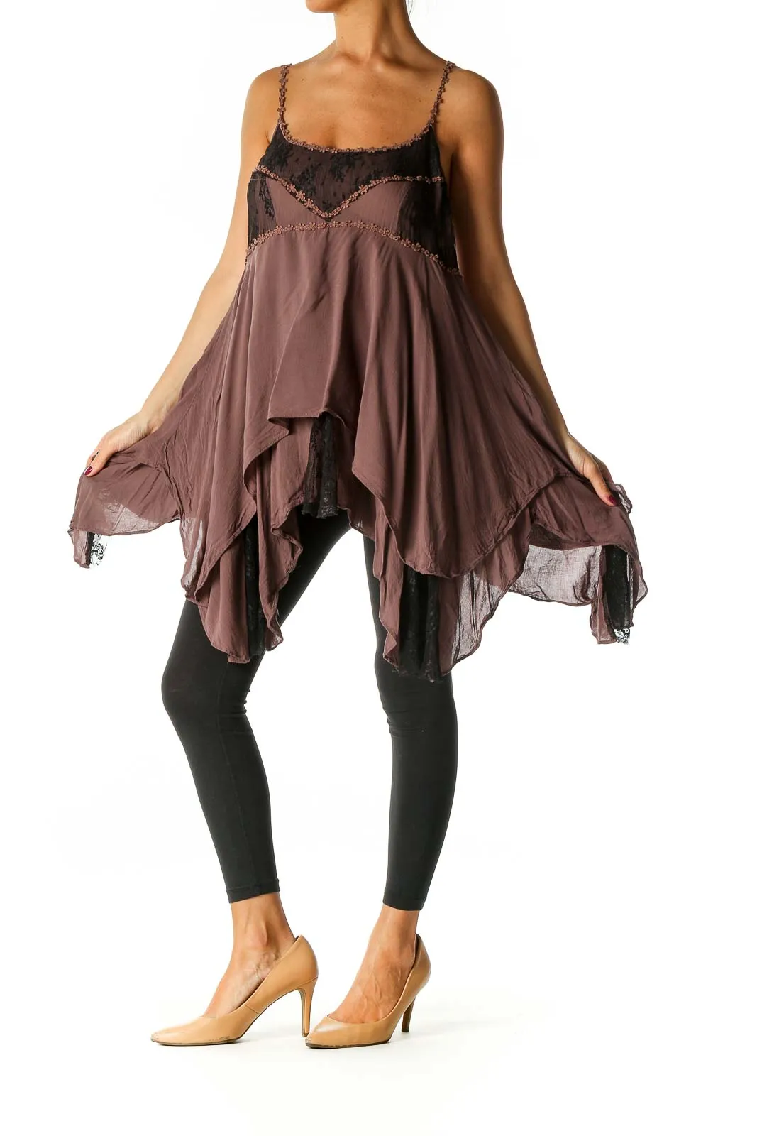 Brown Lace-Trimmed Asymmetrical Camisole Top