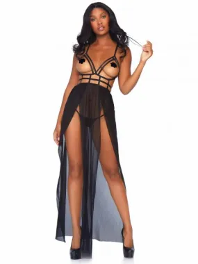 Cage Strap Open Cup Gown and G-String - Black -