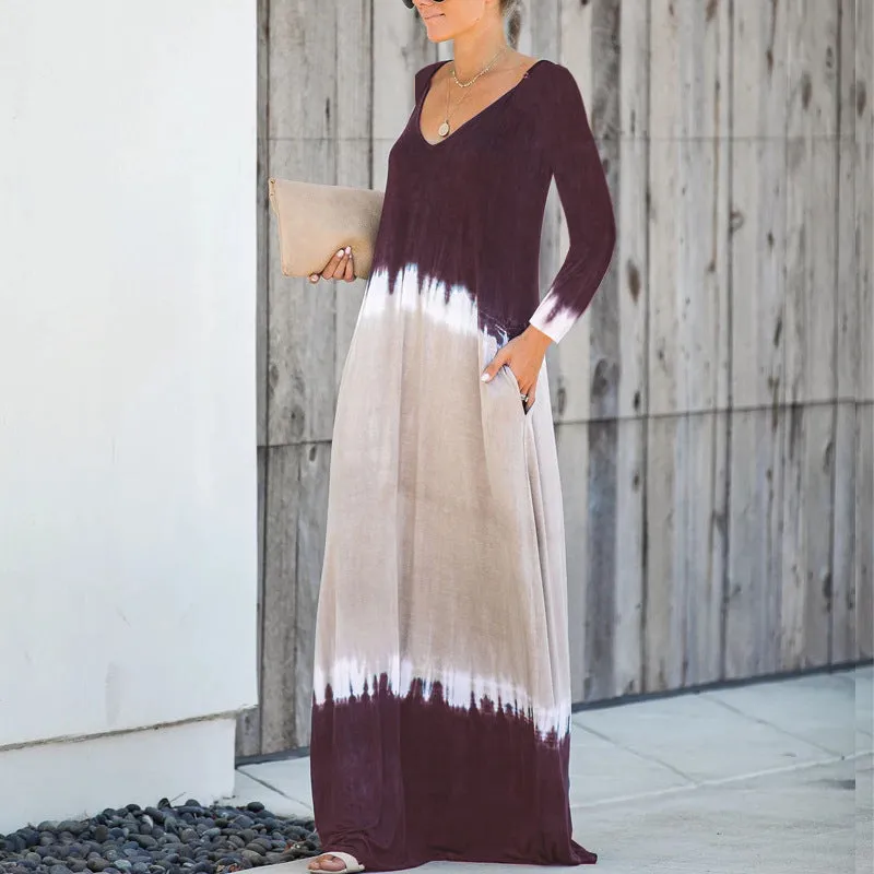 Casual Print Loose Backless Long Sleeve Maxi Dress