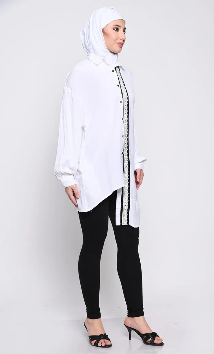 Chic Rayon Fabric Tunic with Asymmetric Hem and Lace Detailing