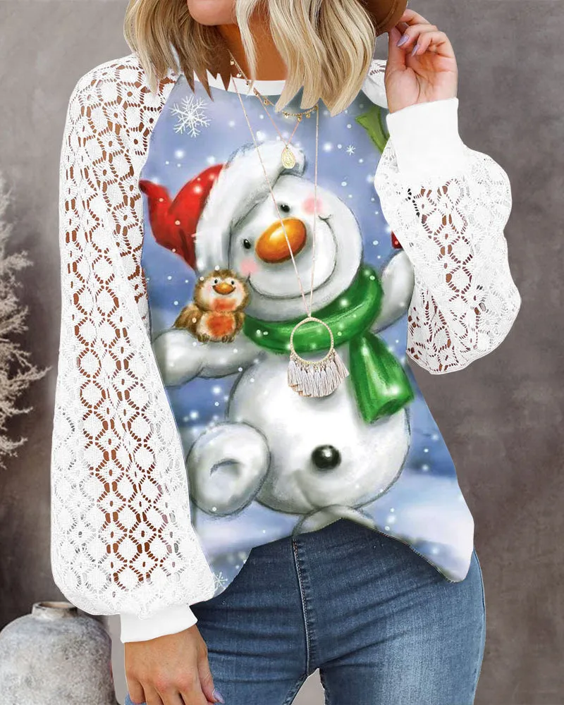 Christmas Crew Neck Printed Lace Lantern Long Sleeve T-Shirt