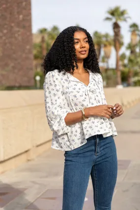 Close To Me Ivory and Blue Bow Detail Floral Blouse