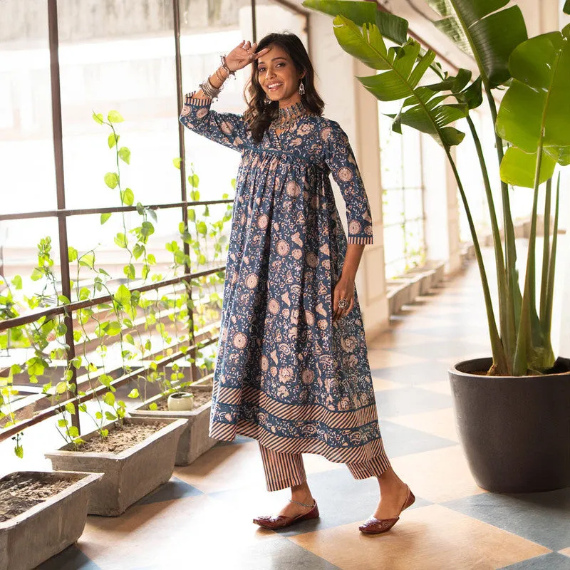 Cotton Blue Kurta for Women | Anarkali Kurta | Block Print