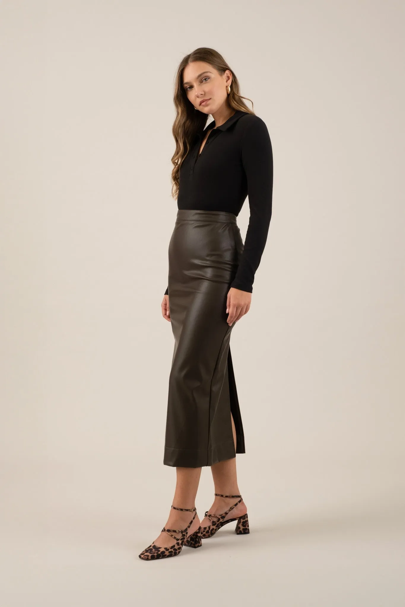 Dark Brown Faux Leather Skirt