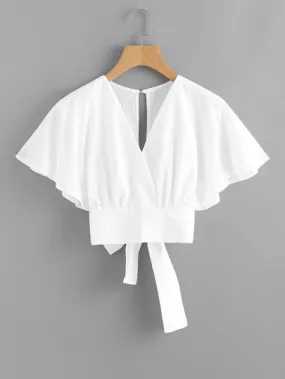 Deep V-cut Split Back Bow Tie Blouse