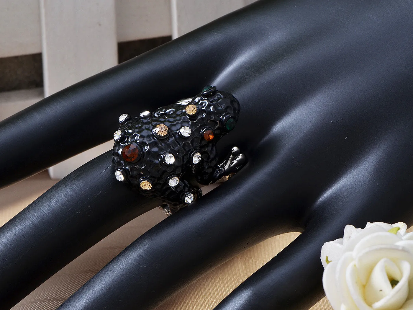 Ebony Dark Painted Enamel Eye Frog Toad Topaz Ring