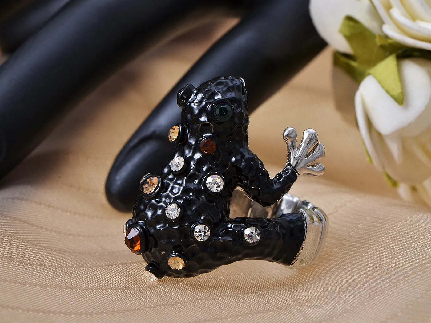 Ebony Dark Painted Enamel Eye Frog Toad Topaz Ring