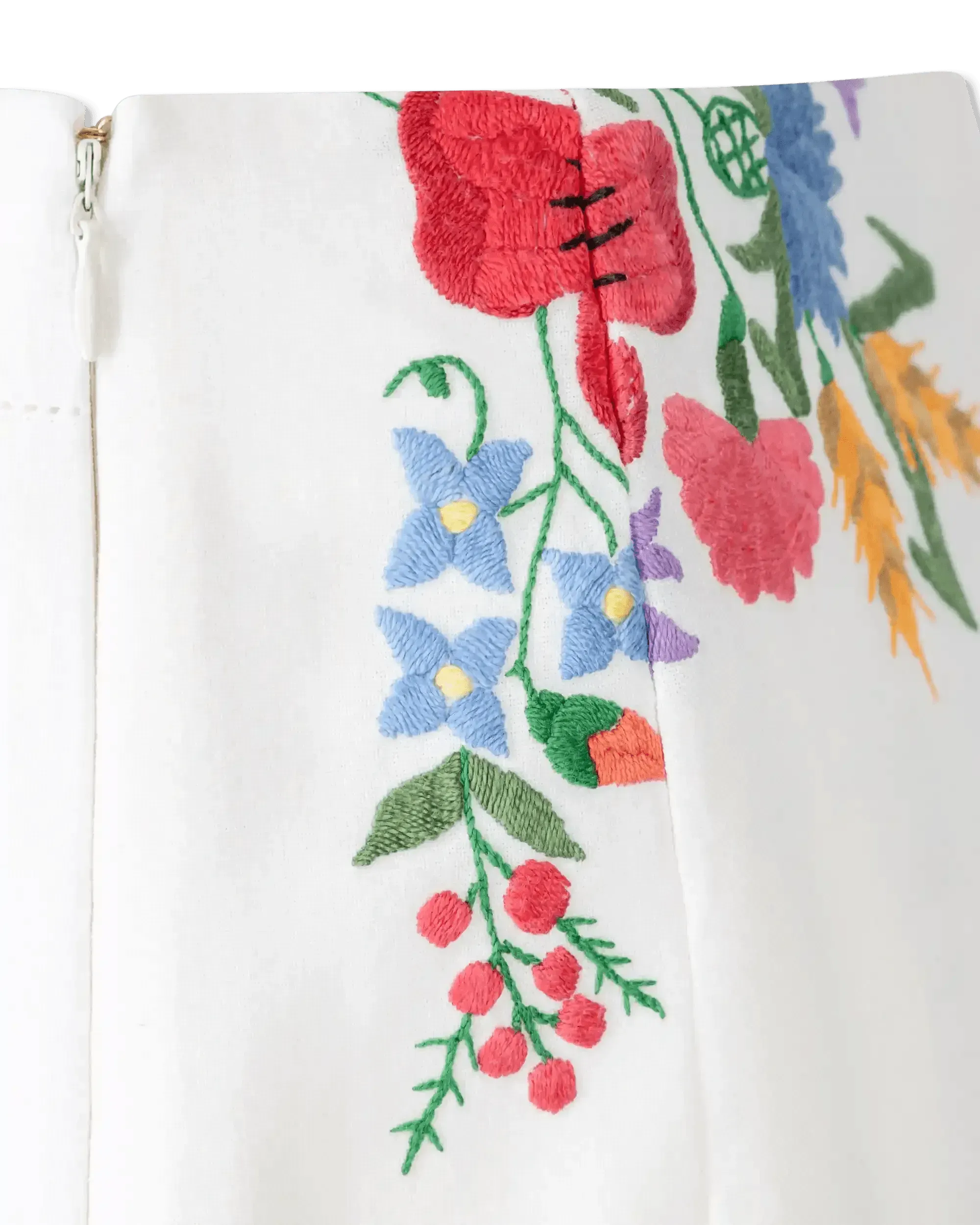 Embroidered Linen Slit Skirt